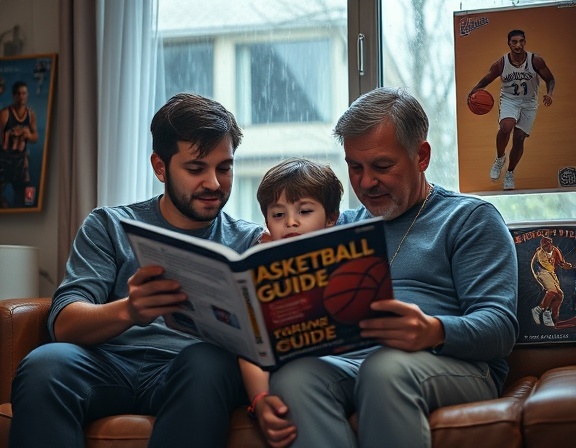 attentive parents, informative, reading a basketball guidebook with their child, photorealistic, cozy living room with posters of famous basketball players, highly detailed, a gentle rain tapping on the window, captured with a Fujifilm GFX 100S, warm tones, soft ambient lighting, shot with a 110mm f/2 lens.
