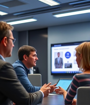 supportive mentorship support, reassuring, providing feedback, photorealistic, conference room with digital presentation on screen, highly detailed, group discussions, animated expressions, cool fluorescent lighting, shot with an 85mm lens