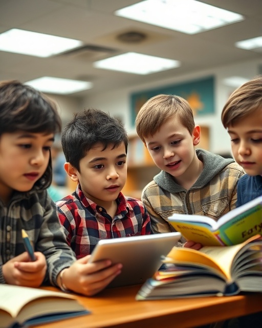 focused youth education, curious expressions, learning actively, photorealistic, modern classroom filled with books, highly detailed, digital tablet usage, balanced color tones, overhead fluorescent lighting, shot with a 50mm lens