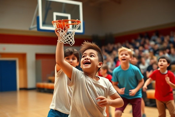 enthusiastic kids basketball, excited expression, shooting a hoop, photorealistic, school gym with bleachers, highly detailed, cheering group of children, medium aperture, bright reds and blues, soft natural light, shot with a 35mm lens.