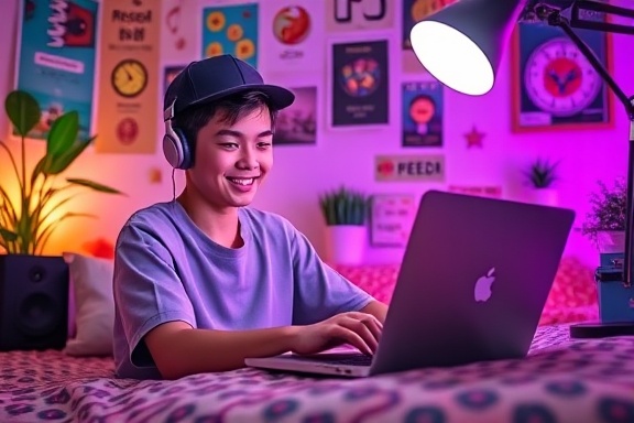 teenager, enthusiastic, completing an online course on a laptop, photorealistic, cozy bedroom setup with colorful posters and plants, highly detailed, background music playing from a speaker, ISO 200, vivid pastel colors, evening light from a desk lamp, shot with a 35mm lens