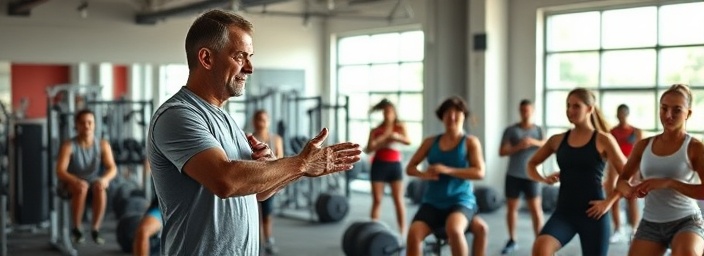 enthusiastic training coach, motivating, demonstrating techniques, photorealistic, gym environment with exercise equipment, highly detailed, students in action, vivid energy, natural light filtering through windows, shot with a 24mm lens