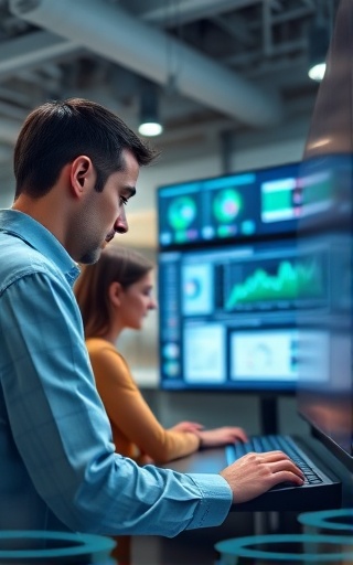 experienced program guidance, insightful, analyzing data, photorealistic, tech-savvy workspace with interactive displays, highly detailed, colleagues collaborating, modern aesthetic, ambient overhead lights, shot with a 28mm lens