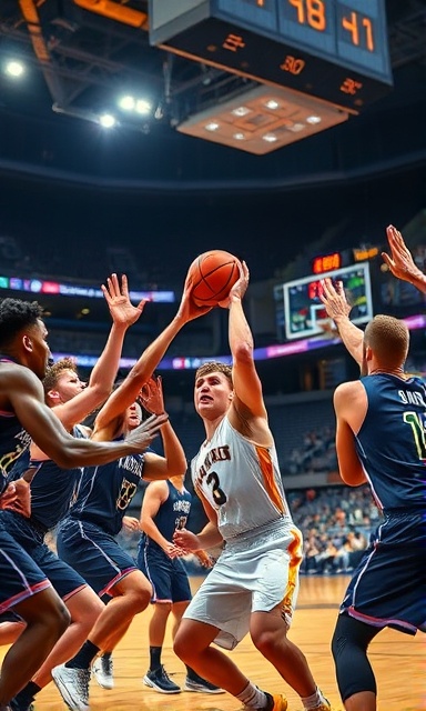 energetic team basketball, competitive expression, passing the ball, photorealistic, large sports stadium, highly detailed, bustling activity, high dynamic range, contrasting whites and blacks, spotlight illumination, shot with a zoom lens.