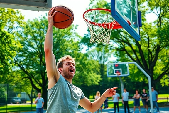 dynamic community basketball, thrilled expression, attempting a slam dunk, photorealistic, suburban park court with trees, highly detailed, moving spectators, fast shutter speed, bright greens and blues, natural sunlight, shot with a telephoto lens.