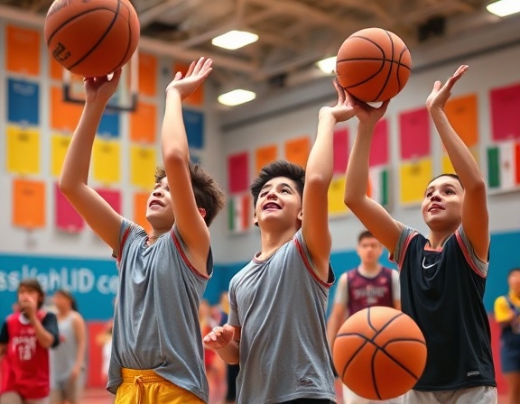vibrant youth basketball camp, joyful expressions, practicing layups, photorealistic, vibrant gym with colorful banners, highly detailed, basketballs bouncing, ultra-high definition, bright colors, fluorescent lighting, shot with a 70mm lens