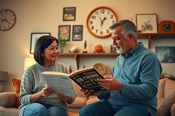 dedicated parents, engaging, sharing strategies from a parenting basketball guide, photorealistic, family room with basketball decorations and trophies, highly detailed, the ticking of a wall clock, shot with a Panasonic Lumix S1R, soft pastel colors, cozy evening lighting, shot with a 85mm f/1.2 lens.