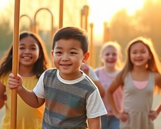 motivated youth development, hopeful expressions, participating in team activities, photorealistic, outdoor park with recreational equipment, highly detailed, dynamic group movement, pastel hues, golden hour lighting, shot with a 28mm lens