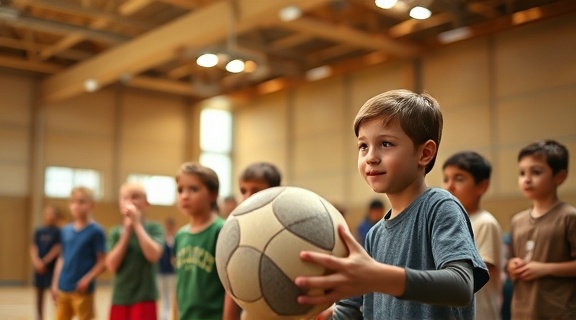 motivational workshop activities, concentrated expression, learning ball handling, photorealistic, multipurpose sports hall, highly detailed, attentive children, fixed focus, earthy browns, ceiling-mounted lights, shot with a 70-200mm lens.