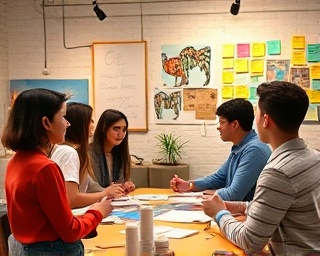enthusiastic youth workshop, collaborative expressions, brainstorming ideas, photorealistic, cozy creative studio with art installations, highly detailed, colorful sticky notes on walls, vivid colors, diffused soft lighting, shot with a 35mm lens