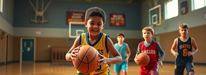 spirited youth basketball, determined expression, practicing dribbling drills, photorealistic, community center gym, highly detailed, animated motivational signs, wide-angle view, colorful jerseys, morning ambient light, shot with a 24mm lens.