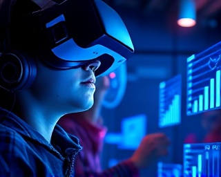 innovative youth skills, focused expressions, engaging in technology, photorealistic, high-tech lab with VR equipment, highly detailed, holographic displays, cool blue tones, LED lighting, shot with a 50mm lens