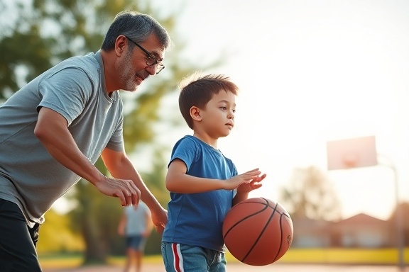 enthusiastic parents, engaged, guiding their child in basketball techniques, photorealistic, bright suburban basketball court under a clear sky, highly detailed, wind softly rustling the trees, taken with a Nikon Z9, crisp and bright colors, natural daylight, shot with a 24-70mm f/2.8 lens.