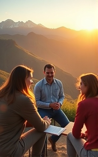 visionary coach leadership, confident, planning session, photorealistic, outdoor leadership retreat with scenic mountains, highly detailed, team brainstorming, ambient nature sounds, golden hour lighting, shot with a 70-200mm lens