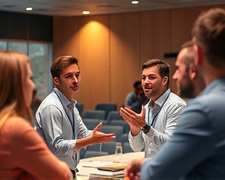 confident youth leadership, inspiring expressions, leading a group, photorealistic, conference room with participants, highly detailed, animated conversations, uniform colors, spot lighting, shot with a 24mm lens