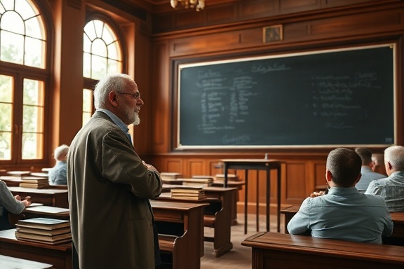elderly professor, thoughtful, presenting a lecture on a chalkboard, photorealistic, traditional university lecture hall with wooden desks and old books, highly detailed, students taking notes, f/4 aperture, rich earthy tones, late afternoon sunlight streaming through large windows, shot with an 85mm lens