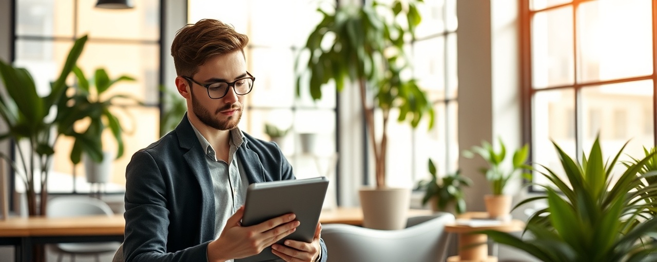 young professional, focused, taking notes on a tablet, photorealistic, modern coworking space with indoor plants and large windows, highly detailed, ambient noise level, ISO 400, natural warm colors, soft morning light, shot with a 50mm lens