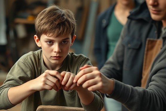 aspiring youth skills, determined expressions, practicing a craft, photorealistic, workshop space with various tools, highly detailed, motion blur on hands, earthy tones, low-key lighting, shot with an 85mm lens