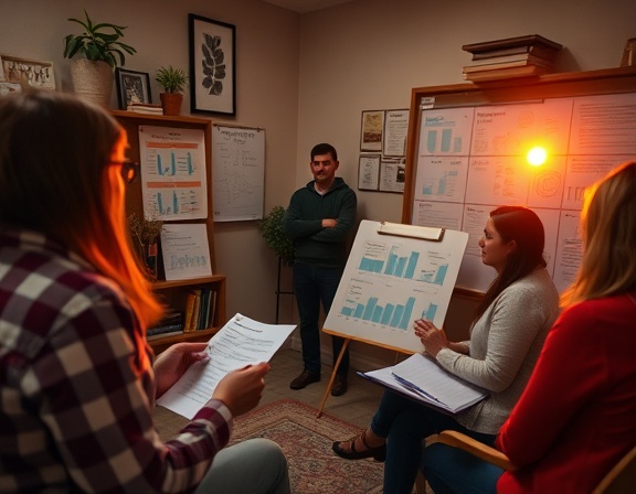 dedicated program guidance, focused, explaining strategies, photorealistic, cozy office filled with diagrams and charts, highly detailed, participants taking notes, warm sunset glow, shot with a 35mm lens