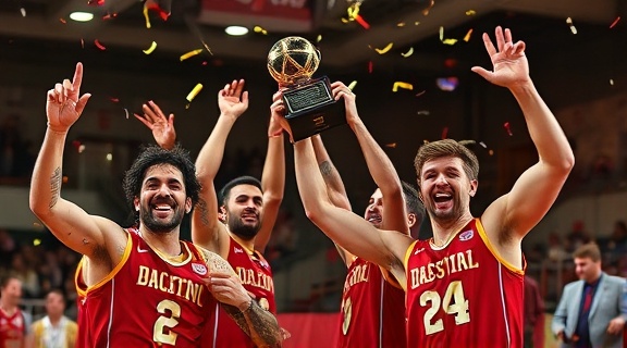 celebratory team basketball, victorious expression, holding a trophy, photorealistic, club sports complex, highly detailed, confetti in the air, sharp resolution, golds and reds, stage lighting, shot with a prime lens.